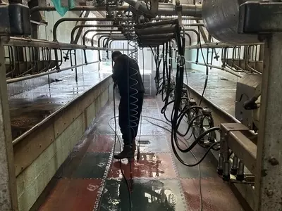Operator washing the dairy parlour floor using the pressure washer SystemWash at a farm in Atherstone.